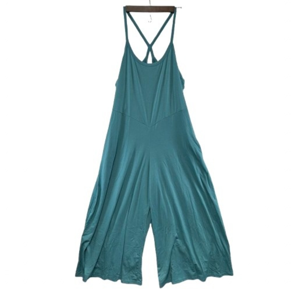 Luxveer Jumpsuit Womens XL Teal Crisscross Back Wide Leg Pocket Strappy
